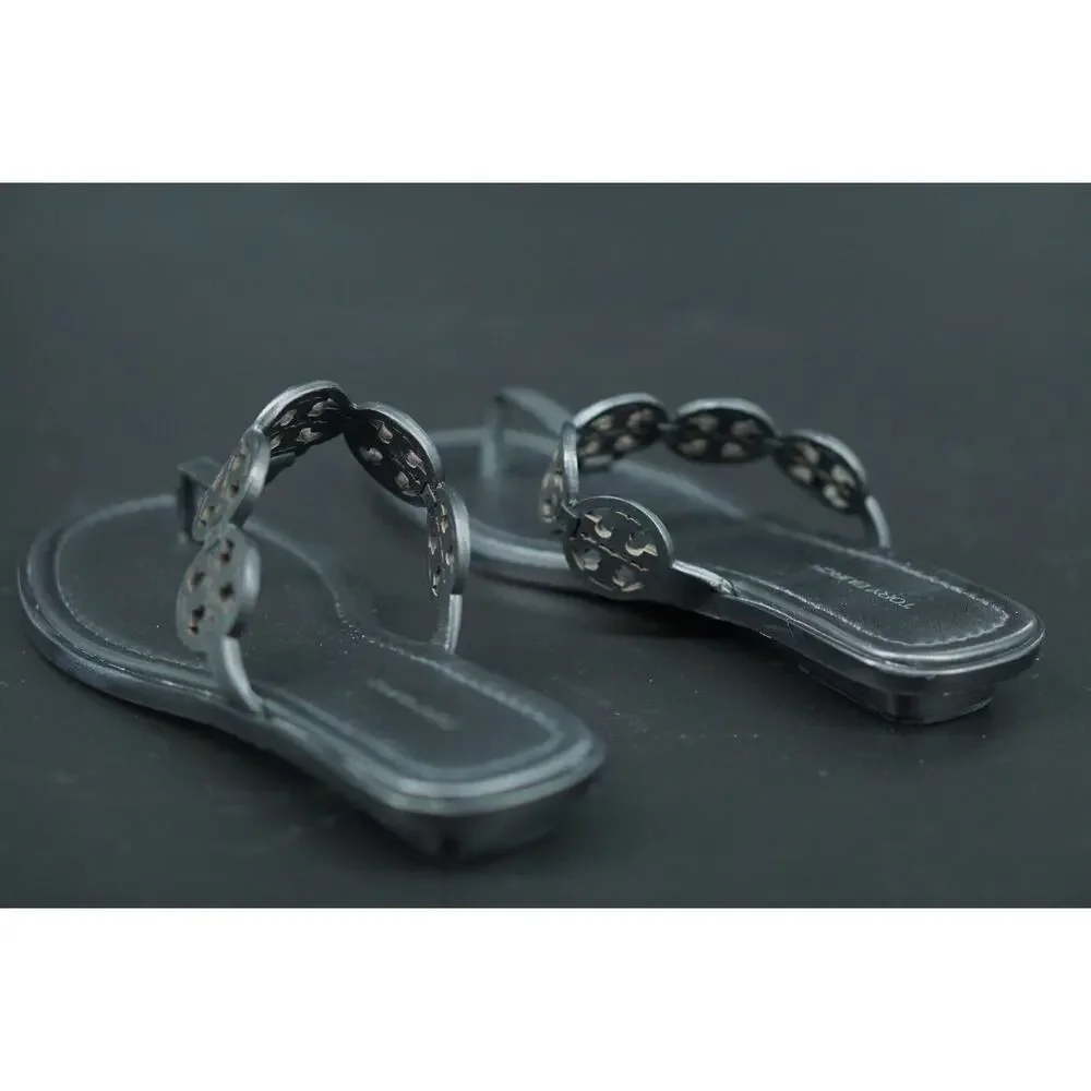 Tory Burch Miller Tiny Black Leather Thong Sandals SZ 7.5 $235 Logo Flip Flop